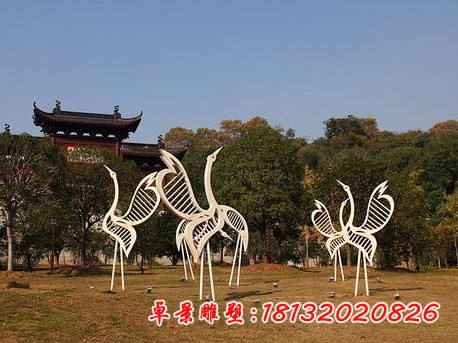 不锈钢丹顶鹤雕塑，不锈钢抽象动物雕塑 