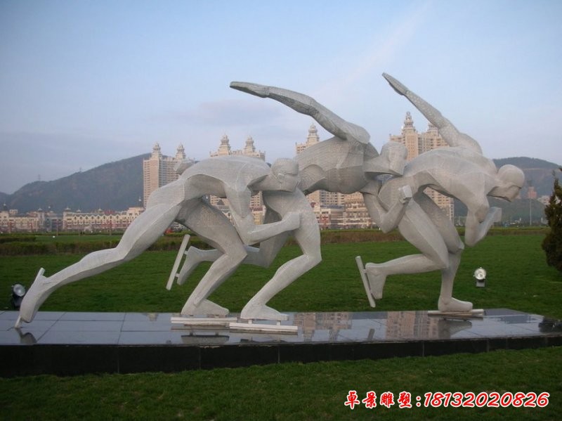 滑冰雕塑，不锈钢抽象运动员雕塑