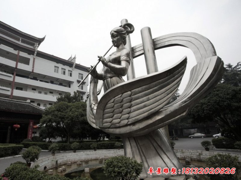 古代美女吹箫雕塑，不锈钢人物雕塑