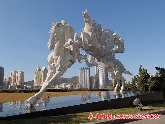 不锈钢赛马雕塑，公园不锈钢运动雕塑