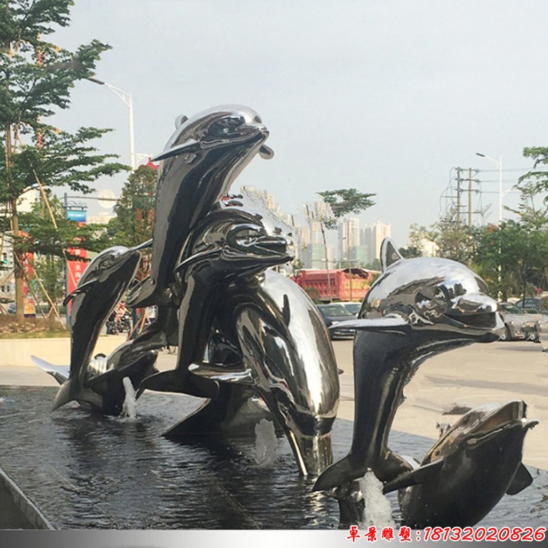 不锈钢水景跳跃海豚雕塑 (2)