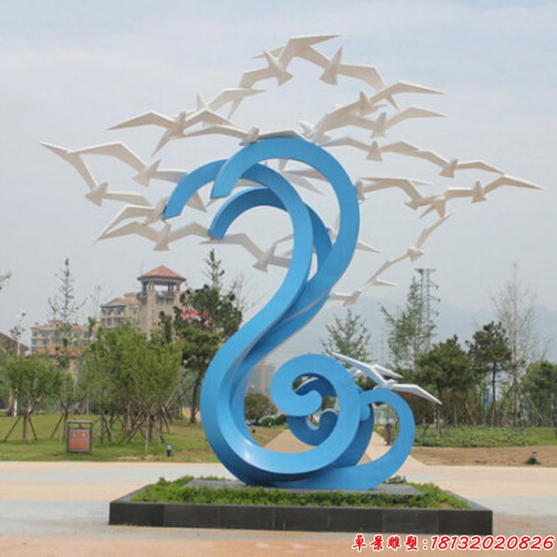 不锈钢抽象海鸥海浪，海边景观雕塑 (2)