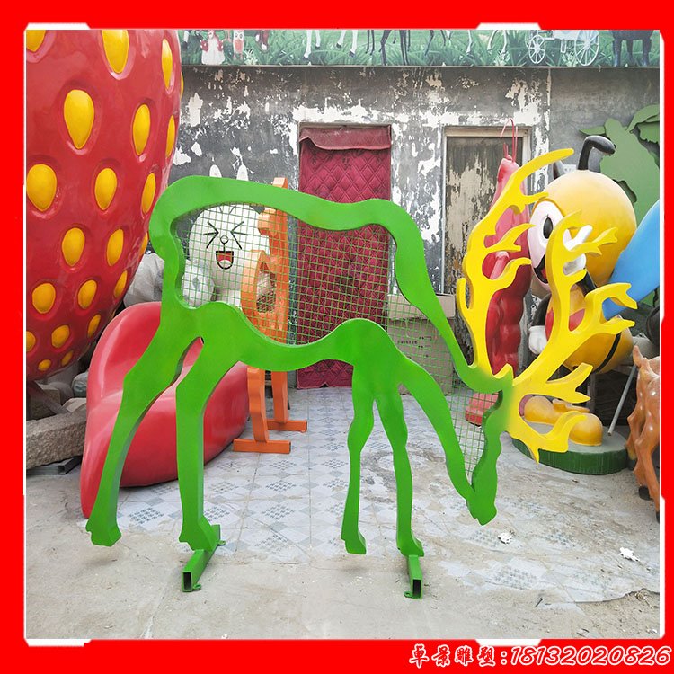 彩色不锈钢剪影抽象鹿，公园抽象梅花鹿雕塑