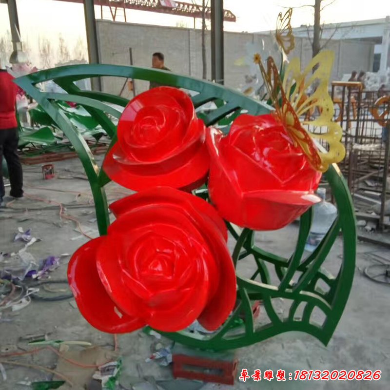 不锈钢玫瑰花雕塑，公园景观雕塑