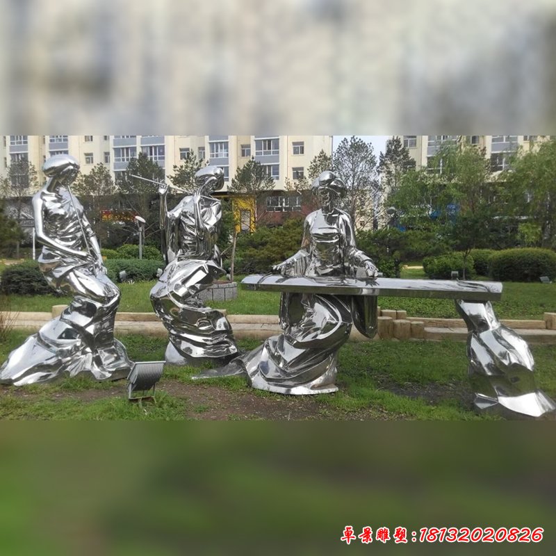 不锈钢女人弹奏雕塑，广场不锈钢雕塑