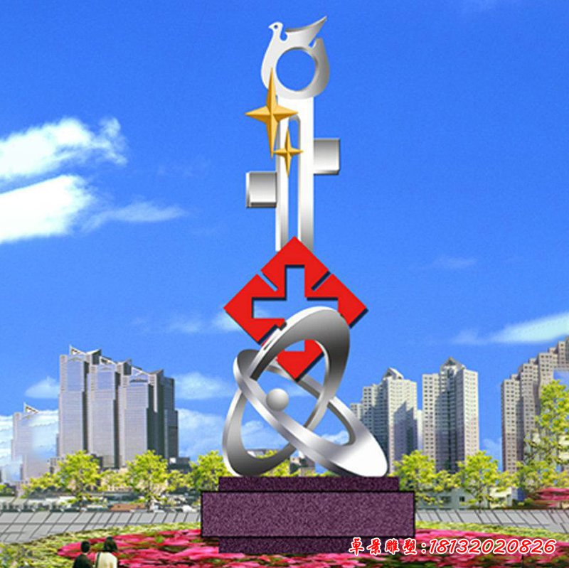 不锈钢红十字和平鸽雕塑，医院不锈钢雕塑 (2)