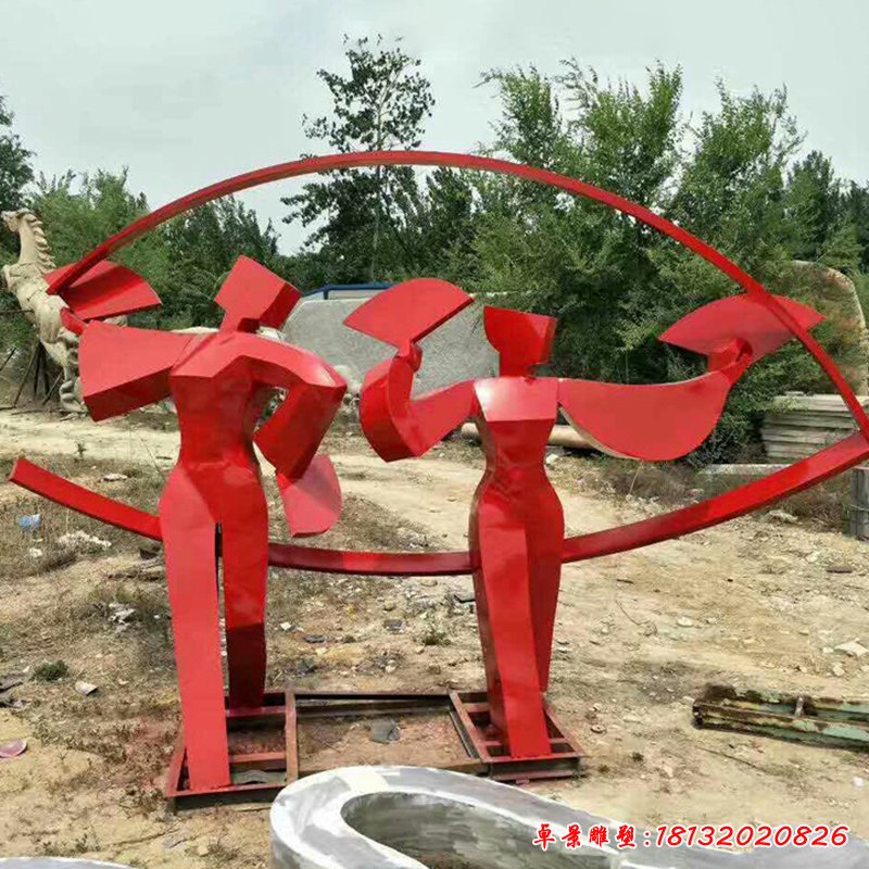不锈钢抽象跳扇子舞的人物雕塑，公园景观摆件