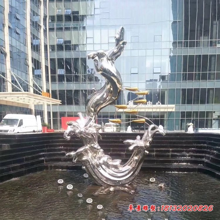 不锈钢抽象浪花鱼群雕塑