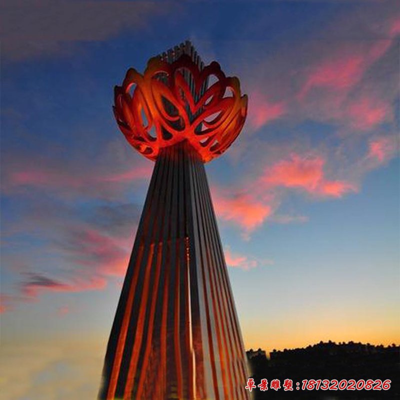 创意抽象红色镂空花朵公园景观，不锈钢雕塑 (2)