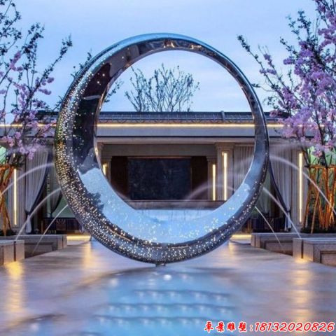 酒店镜面抽象圆环水景